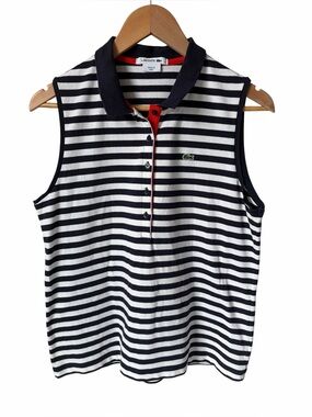Lacoste Sleeveless Polo Navy White Stripes Women's Large